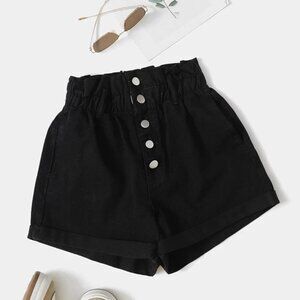 SHEIN EZwear Paper Bag Waist Button Fly Black Denim Shorts Womens XS